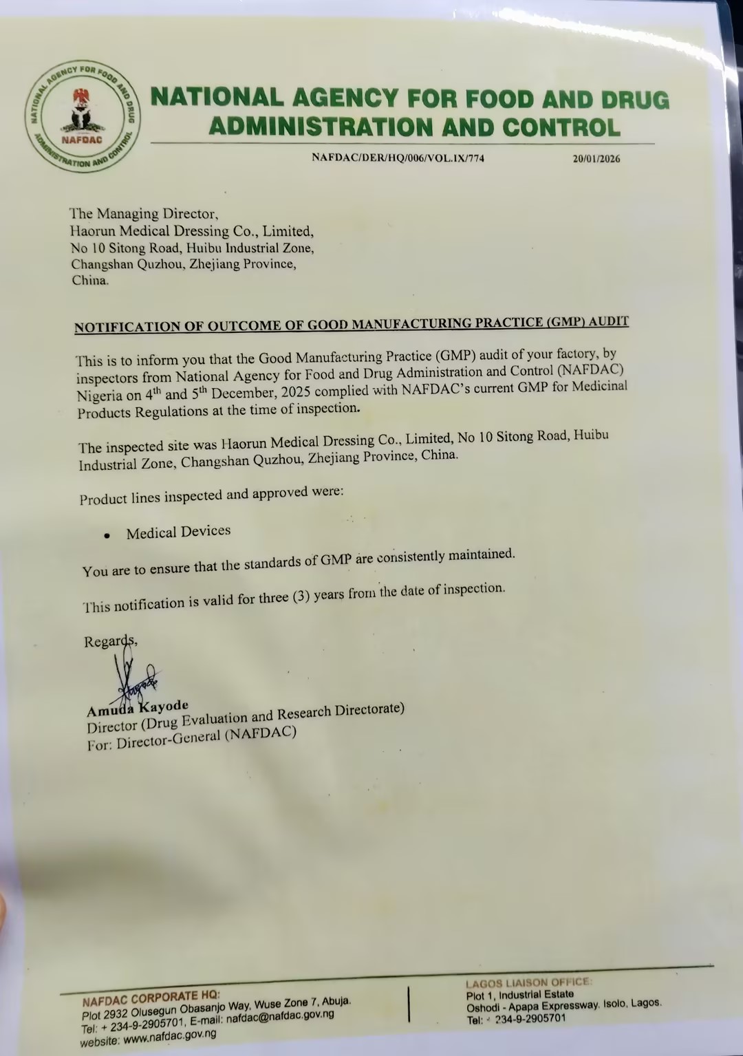 Haorun Medical Products modtager officielt NAFDAC-registreringscertificering i Nigeria